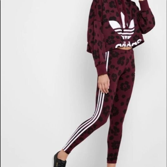 Adidas Originals Bellista Women's Cropped Burgundy Leopard Print Hoodie Small - Picture 7 of 10